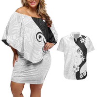 Polynesia Hibiscus Couples Matching Off Shoulder Short Dress and Hawaiian Shirt White Curve Motif - Polynesian Pride