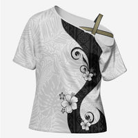 Polynesia Hibiscus Cross Shoulder Shirt White Curve Motif - Polynesian Pride