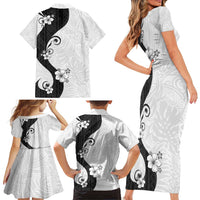 Polynesia Hibiscus Family Matching Short Sleeve Bodycon Dress and Hawaiian Shirt White Curve Motif - Polynesian Pride