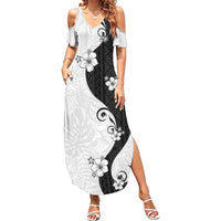 Polynesia Hibiscus Family Matching Summer Maxi Dress and Hawaiian Shirt White Curve Motif - Polynesian Pride