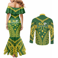 Samoa SUP Couples Matching Mermaid Dress and Long Sleeve Button Shirt Samoan Coat Of Arms - Polynesian Pride