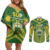 Samoa SUP Couples Matching Off Shoulder Short Dress and Long Sleeve Button Shirt Samoan Coat Of Arms - Polynesian Pride