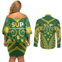Samoa SUP Couples Matching Off Shoulder Short Dress and Long Sleeve Button Shirt Samoan Coat Of Arms - Polynesian Pride