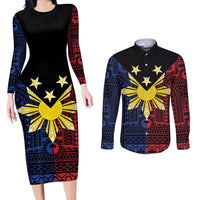 Philippines Sun Star Couples Matching Long Sleeve Bodycon Dress and Long Sleeve Button Shirt Igorot Tribal Inspiration - Polynesian Pride