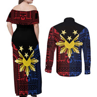 Philippines Sun Star Couples Matching Off Shoulder Maxi Dress and Long Sleeve Button Shirt Igorot Tribal Inspiration - Polynesian Pride