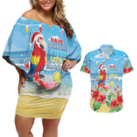 Hawaii Christmas Couples Matching Off Shoulder Short Dress and Hawaiian Shirt Funny Macaw Parrot Tropical Vibe