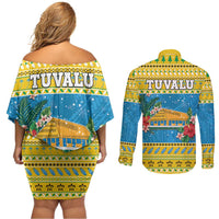 Tuvalu Christmas Couples Matching Off Shoulder Short Dress and Long Sleeve Button Shirt Coat Of Arms Manuia Te Kilisimasi