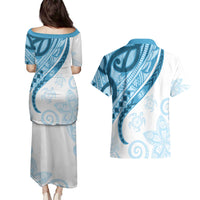 Blue Polynesian Tribal Turtle Floral Pattern Couples Matching Puletasi and Hawaiian Shirt