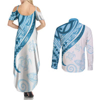 Blue Polynesian Tribal Turtle Floral Pattern Couples Matching Summer Maxi Dress and Long Sleeve Button Shirt LT05 - Polynesian Pride