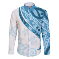 Blue Polynesian Tribal Turtle Floral Pattern Family Matching Off Shoulder Short Dress and Hawaiian Shirt