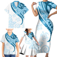 Blue Polynesian Tribal Turtle Floral Pattern Family Matching Short Sleeve Bodycon Dress and Hawaiian Shirt