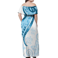 Blue Polynesian Tribal Turtle Floral Pattern Off Shoulder Maxi Dress