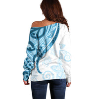 Blue Polynesian Tribal Turtle Floral Pattern Off Shoulder Sweater