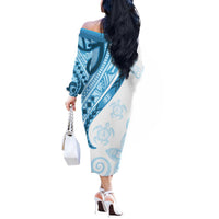 Blue Polynesian Tribal Turtle Floral Pattern Off The Shoulder Long Sleeve Dress LT05 - Polynesian Pride