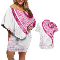 Rose Pink Polynesian Tribal Turtle Floral Pattern Couples Matching Off Shoulder Short Dress and Hawaiian Shirt