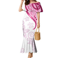 Rose Pink Polynesian Tribal Turtle Floral Pattern Family Matching Mermaid Dress and Hawaiian Shirt