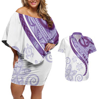 Purple Polynesian Tribal Turtle Floral Pattern Couples Matching Off Shoulder Short Dress and Hawaiian Shirt