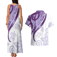 Purple Polynesian Tribal Turtle Floral Pattern Couples Matching Tank Maxi Dress and Hawaiian Shirt