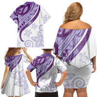 Purple Polynesian Tribal Turtle Floral Pattern Family Matching Off Shoulder Short Dress and Hawaiian Shirt