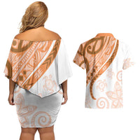Orange Polynesian Tribal Turtle Floral Pattern Couples Matching Off Shoulder Short Dress and Hawaiian Shirt