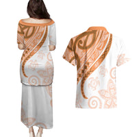 Orange Polynesian Tribal Turtle Floral Pattern Couples Matching Puletasi and Hawaiian Shirt