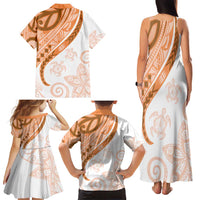 Orange Polynesian Tribal Turtle Floral Pattern Family Matching Tank Maxi Dress and Hawaiian Shirt