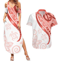 Coral Red Polynesian Tribal Turtle Floral Pattern Couples Matching Summer Maxi Dress and Hawaiian Shirt