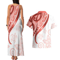 Coral Red Polynesian Tribal Turtle Floral Pattern Couples Matching Tank Maxi Dress and Hawaiian Shirt