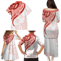 Coral Red Polynesian Tribal Turtle Floral Pattern Family Matching Puletasi and Hawaiian Shirt