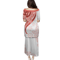 Coral Red Polynesian Tribal Turtle Floral Pattern Family Matching Puletasi and Hawaiian Shirt