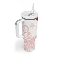 Coral Red Polynesian Tribal Turtle Floral Pattern Tumbler With Handle