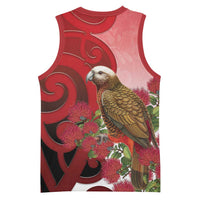 New Zealand Parrot Kaka Basketball Jersey Maori Koru With Pohutukawa Flowers - Polynesian Pride