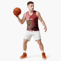 New Zealand Parrot Kaka Basketball Jersey Maori Koru With Pohutukawa Flowers - Polynesian Pride
