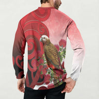 New Zealand Parrot Kaka Button Sweatshirt Maori Koru With Pohutukawa Flowers - Polynesian Pride