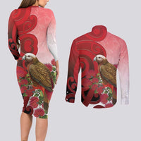 New Zealand Parrot Kaka Couples Matching Long Sleeve Bodycon Dress and Long Sleeve Button Shirt Maori Koru With Pohutukawa Flowers - Polynesian Pride