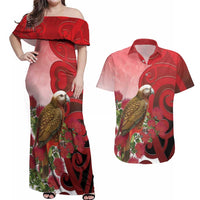 New Zealand Parrot Kaka Couples Matching Off Shoulder Maxi Dress and Hawaiian Shirt Maori Koru With Pohutukawa Flowers - Polynesian Pride