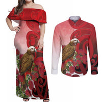 New Zealand Parrot Kaka Couples Matching Off Shoulder Maxi Dress and Long Sleeve Button Shirt Maori Koru With Pohutukawa Flowers - Polynesian Pride
