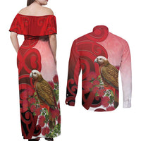 New Zealand Parrot Kaka Couples Matching Off Shoulder Maxi Dress and Long Sleeve Button Shirt Maori Koru With Pohutukawa Flowers - Polynesian Pride