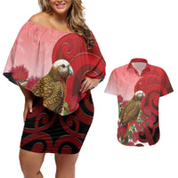 New Zealand Parrot Kaka Couples Matching Off Shoulder Short Dress and Hawaiian Shirt Maori Koru With Pohutukawa Flowers - Polynesian Pride