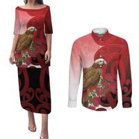 New Zealand Parrot Kaka Couples Matching Puletasi and Long Sleeve Button Shirt Maori Koru With Pohutukawa Flowers - Polynesian Pride