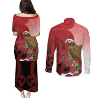 New Zealand Parrot Kaka Couples Matching Puletasi and Long Sleeve Button Shirt Maori Koru With Pohutukawa Flowers - Polynesian Pride