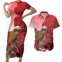 New Zealand Parrot Kaka Couples Matching Short Sleeve Bodycon Dress and Hawaiian Shirt Maori Koru With Pohutukawa Flowers - Polynesian Pride