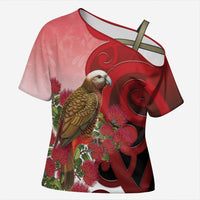 New Zealand Parrot Kaka Cross Shoulder Shirt Maori Koru With Pohutukawa Flowers - Polynesian Pride