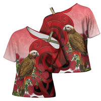 New Zealand Parrot Kaka Cross Shoulder Shirt Maori Koru With Pohutukawa Flowers - Polynesian Pride
