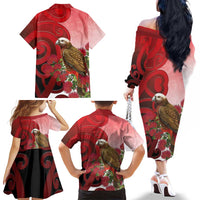 New Zealand Parrot Kaka Family Matching Off The Shoulder Long Sleeve Dress and Hawaiian Shirt Maori Koru With Pohutukawa Flowers - Polynesian Pride