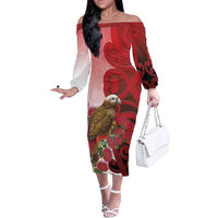 New Zealand Parrot Kaka Family Matching Off The Shoulder Long Sleeve Dress and Hawaiian Shirt Maori Koru With Pohutukawa Flowers - Polynesian Pride