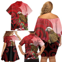 New Zealand Parrot Kaka Family Matching Off Shoulder Short Dress and Hawaiian Shirt Maori Koru With Pohutukawa Flowers - Polynesian Pride
