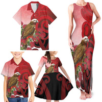 New Zealand Parrot Kaka Family Matching Tank Maxi Dress and Hawaiian Shirt Maori Koru With Pohutukawa Flowers LT05 - Polynesian Pride