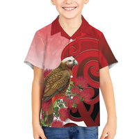 New Zealand Parrot Kaka Family Matching Tank Maxi Dress and Hawaiian Shirt Maori Koru With Pohutukawa Flowers LT05 Son's Shirt Red - Polynesian Pride