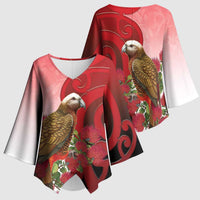 New Zealand Parrot Kaka Kimono Sleeve Blouse Maori Koru With Pohutukawa Flowers - Polynesian Pride